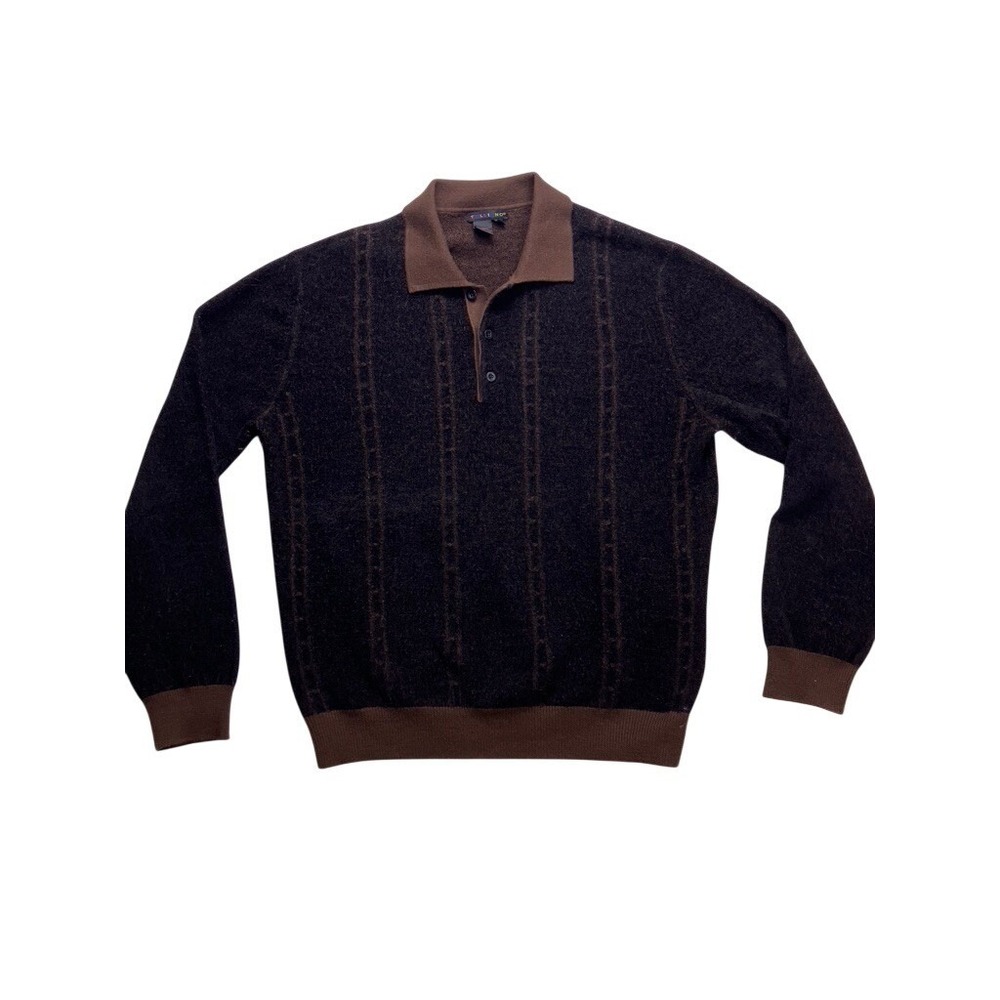 Tulliano Polo Sweater‎ Mens XL Brown Chenille Wool Striped Pullover Grandpa
